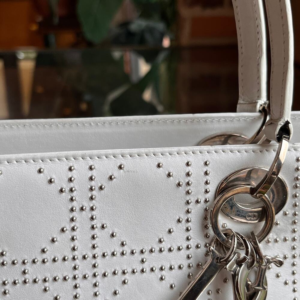 DIOR Lady Dior East West White Calfskin Leather Studded Tote Bag - Picture 13 of 16